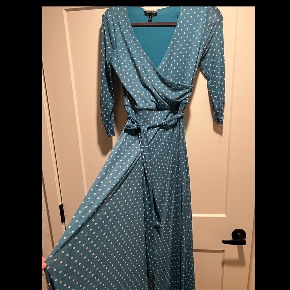 Gorgeous turquoise dress with white polka dots